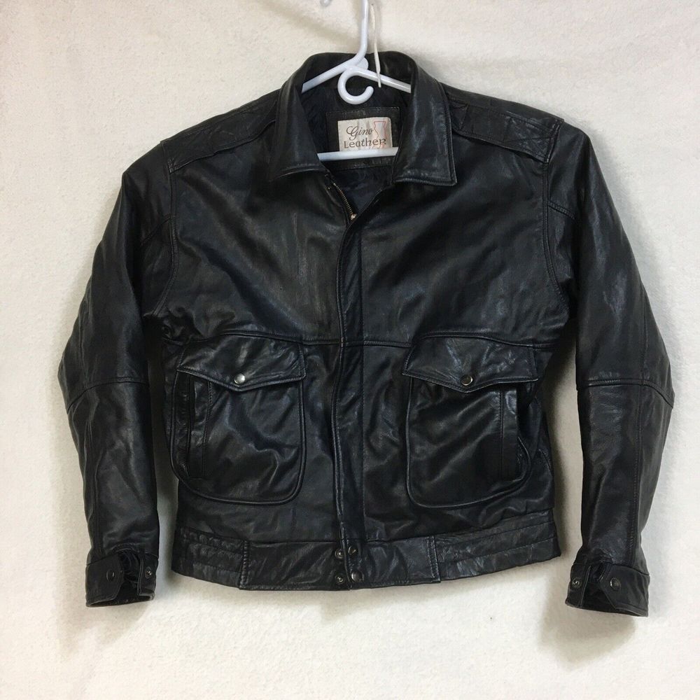 Vtg 80s Gino Mens Leather Bomber‎ Biker Jacket Sz 44 R Black Full Zip Rocker